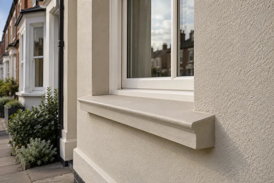 Illustrative close view of textured render at a window and projecting sill